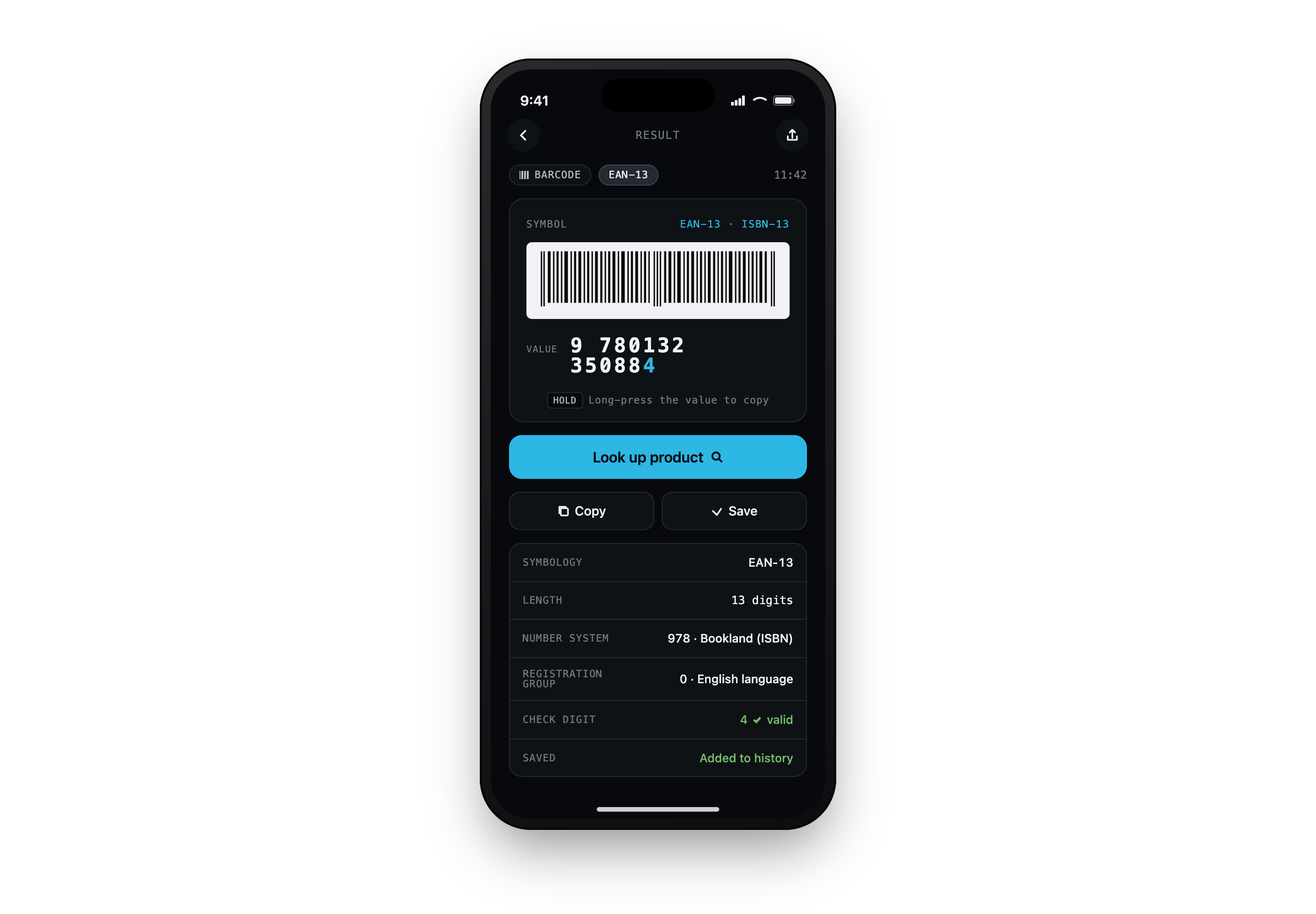 Scanful EAN-13 barcode result with symbology and checksum
