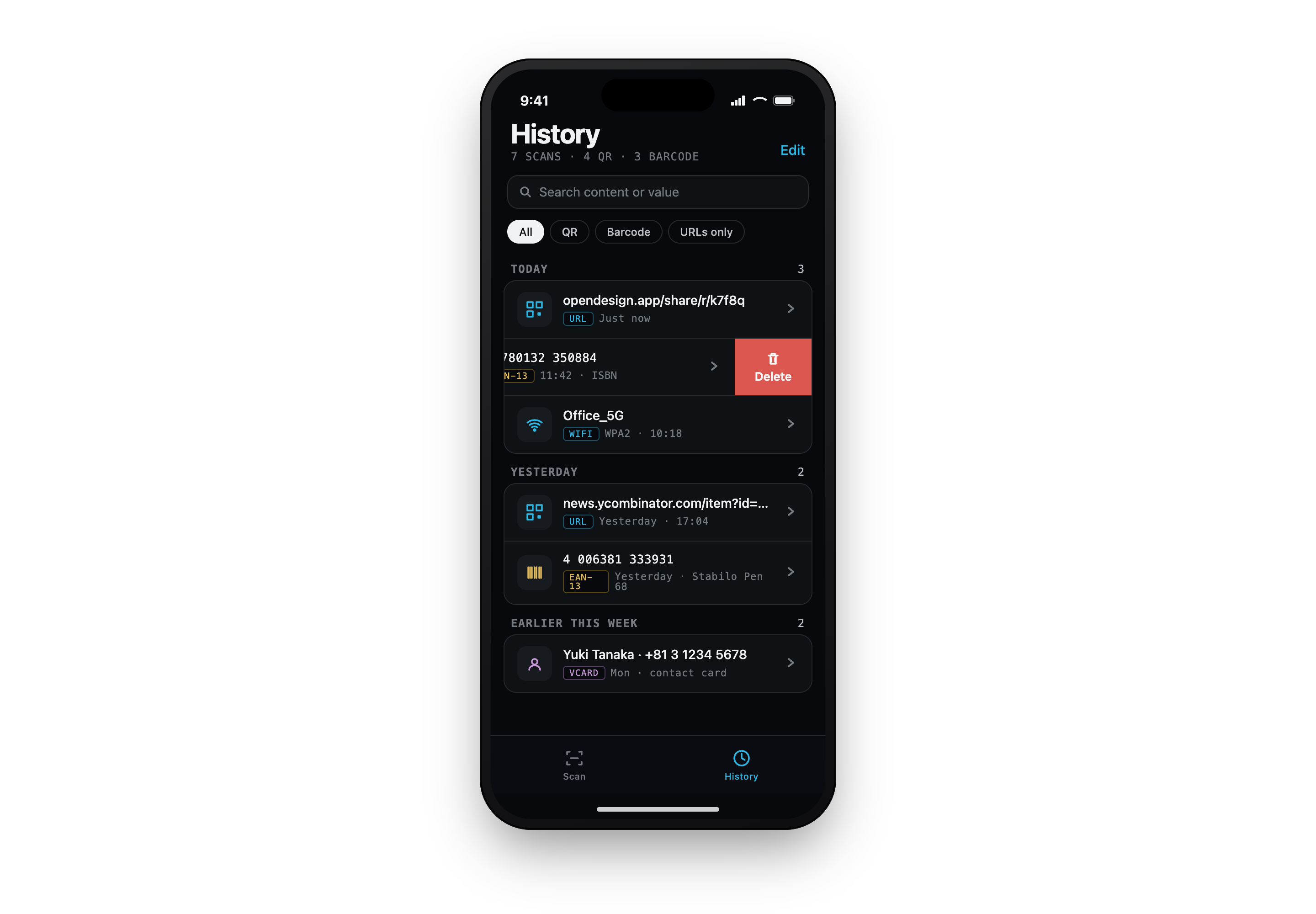 Scanful history — grouped and swipeable, with delete