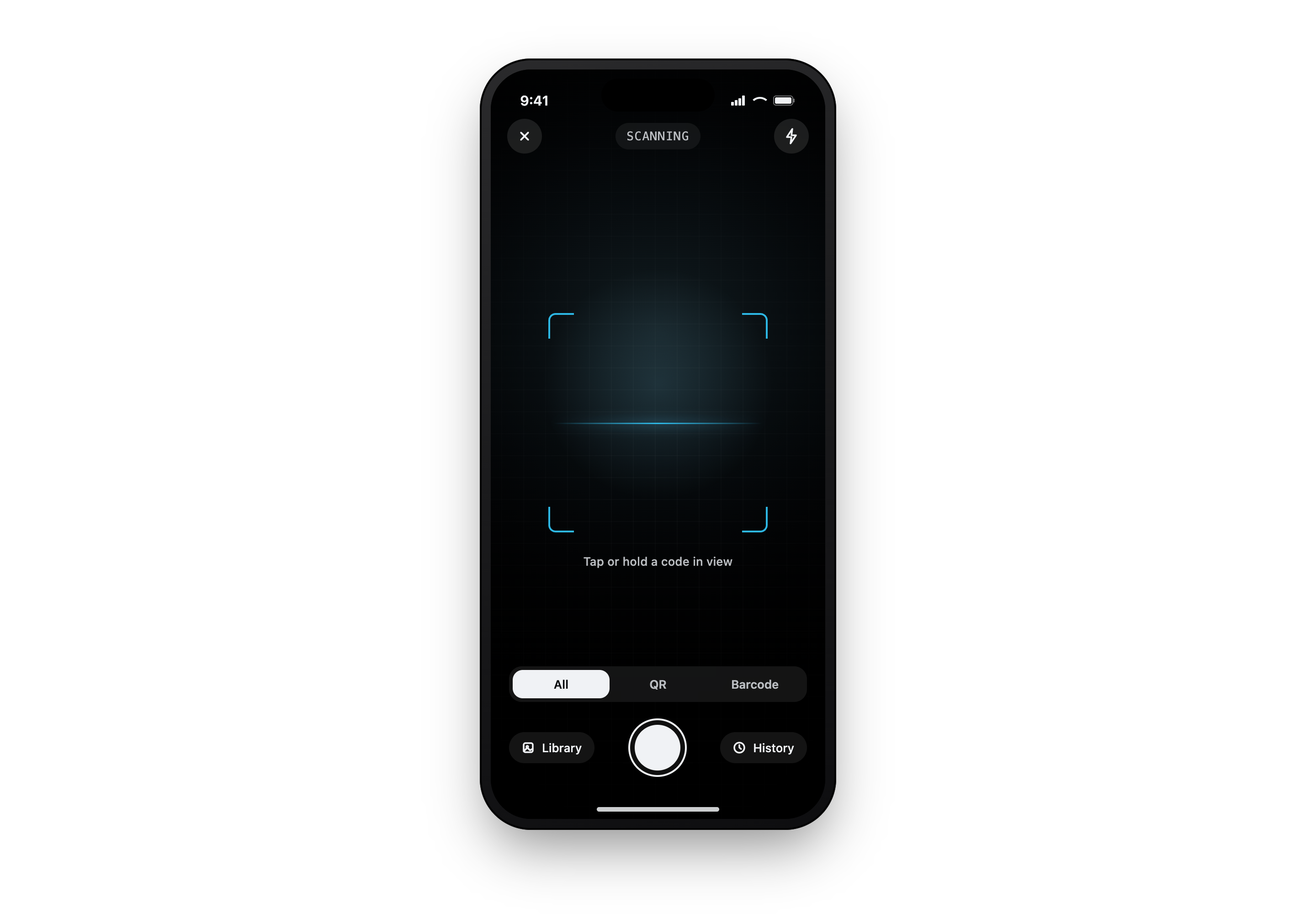 Scanful scan viewfinder — reticle with live scan line and All / QR / Barcode modes