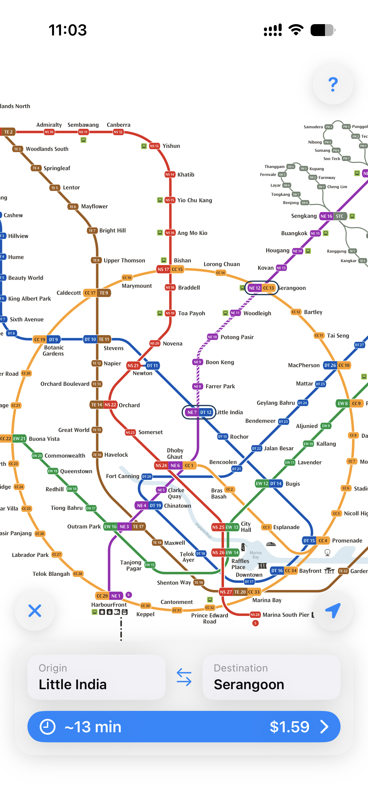 SinMRT system map with Little India to Serangoon selected, ~13 min and $1.59
