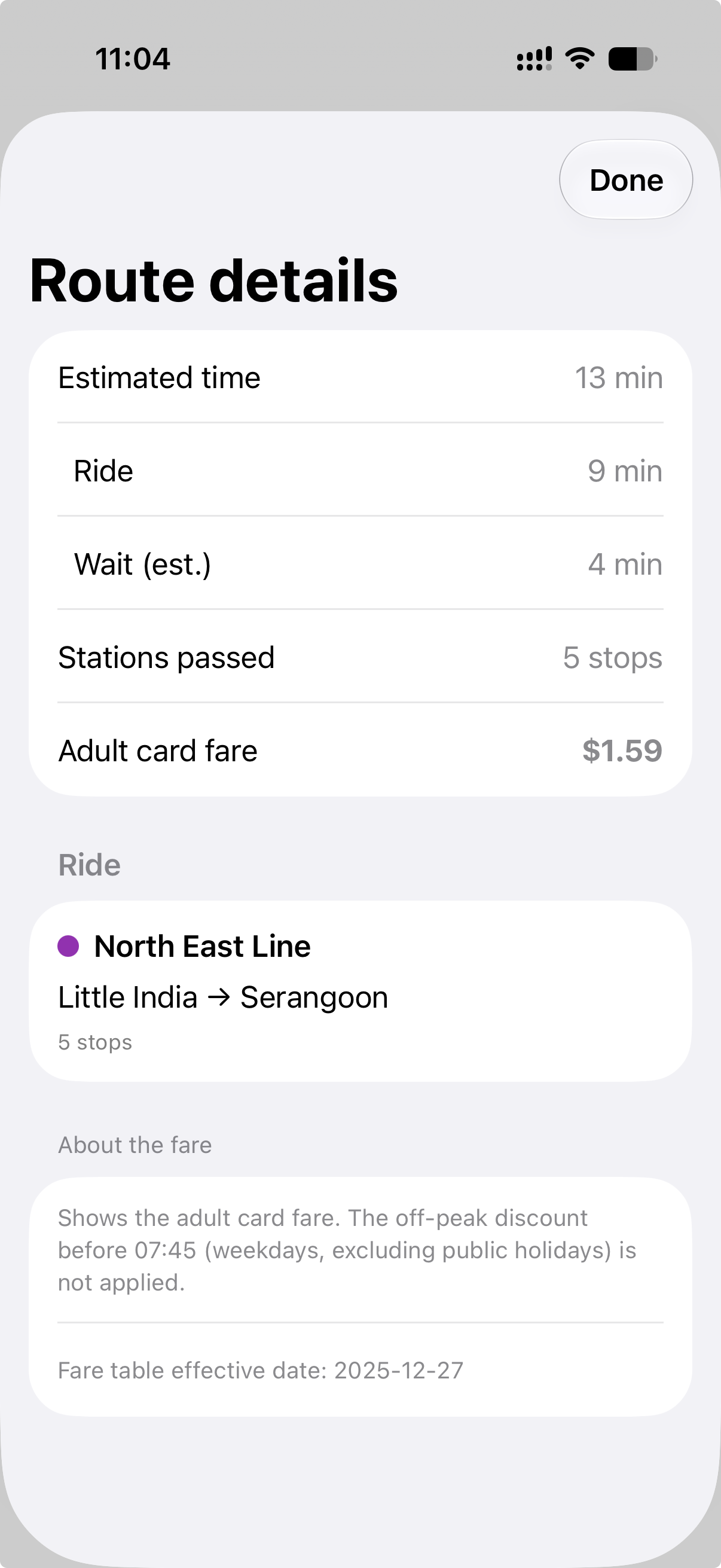 SinMRT route details showing time breakdown, stops and adult card fare