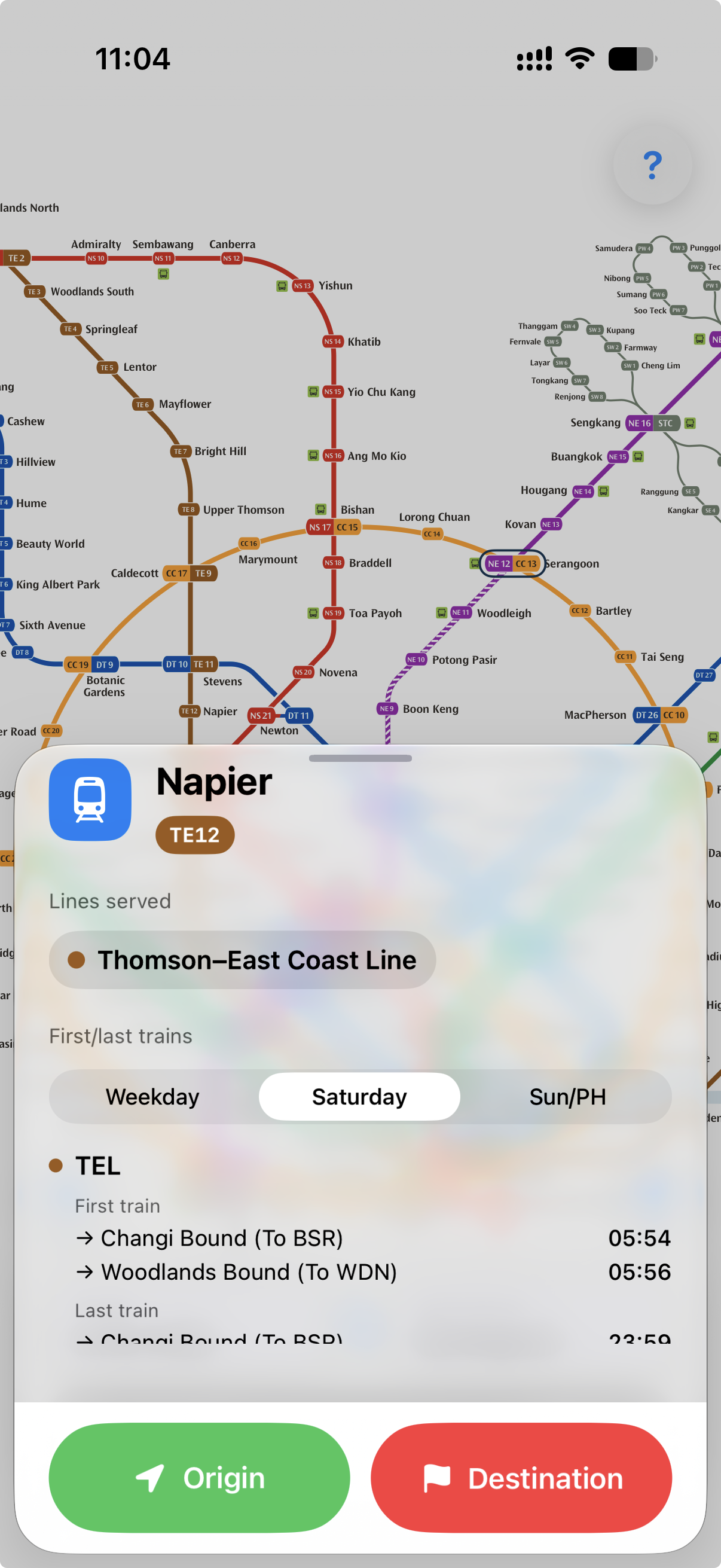 SinMRT station detail for Napier TE12 with lines served and first/last trains